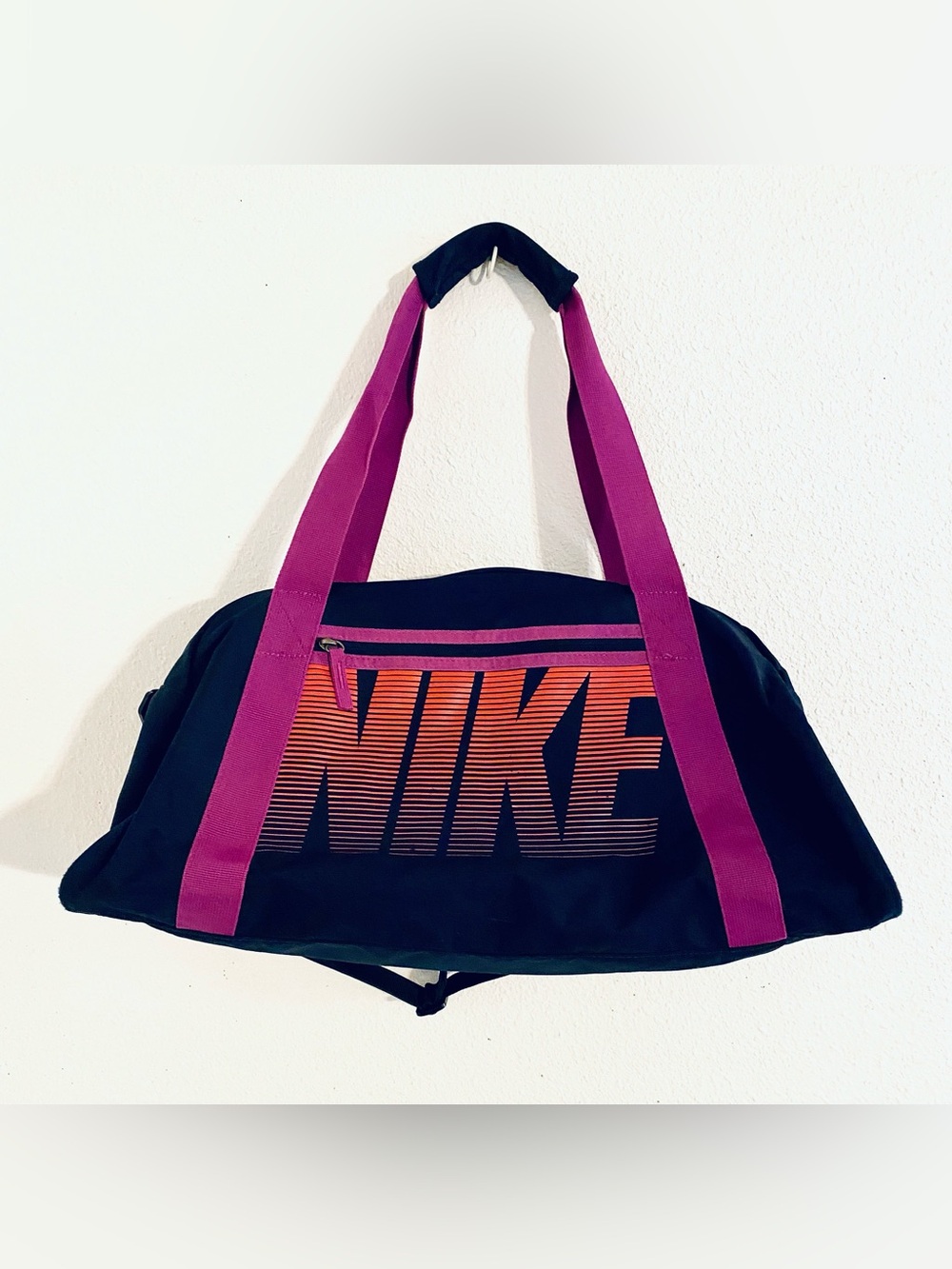 Nike Black Duffel with Pink Straps and Orange Gradient Logo